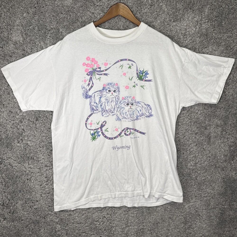 Vintage 90s Cat T Shirt White XL Wyoming Flowers Single Stitch